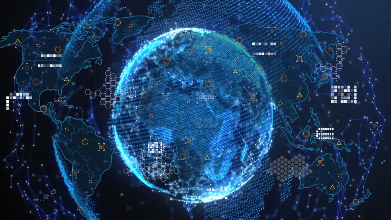 파란색 배경에 대한 전 세계 데이터 처리 및 세계 지도의 애니메이션