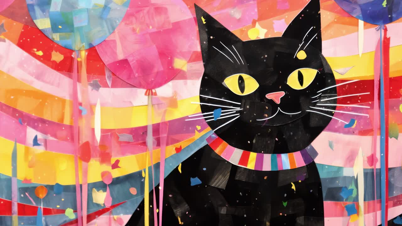 Ilustrasi warna-warni dan unik kucing hitam dengan kalung pelangi, dikelilingi bintang-bintang