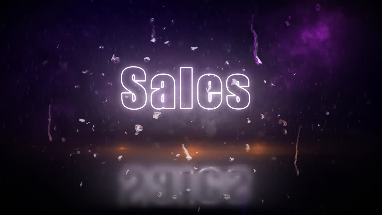 letrero de luces de neón de "ventas" revelado a través de una tormenta con luces parpadeantes