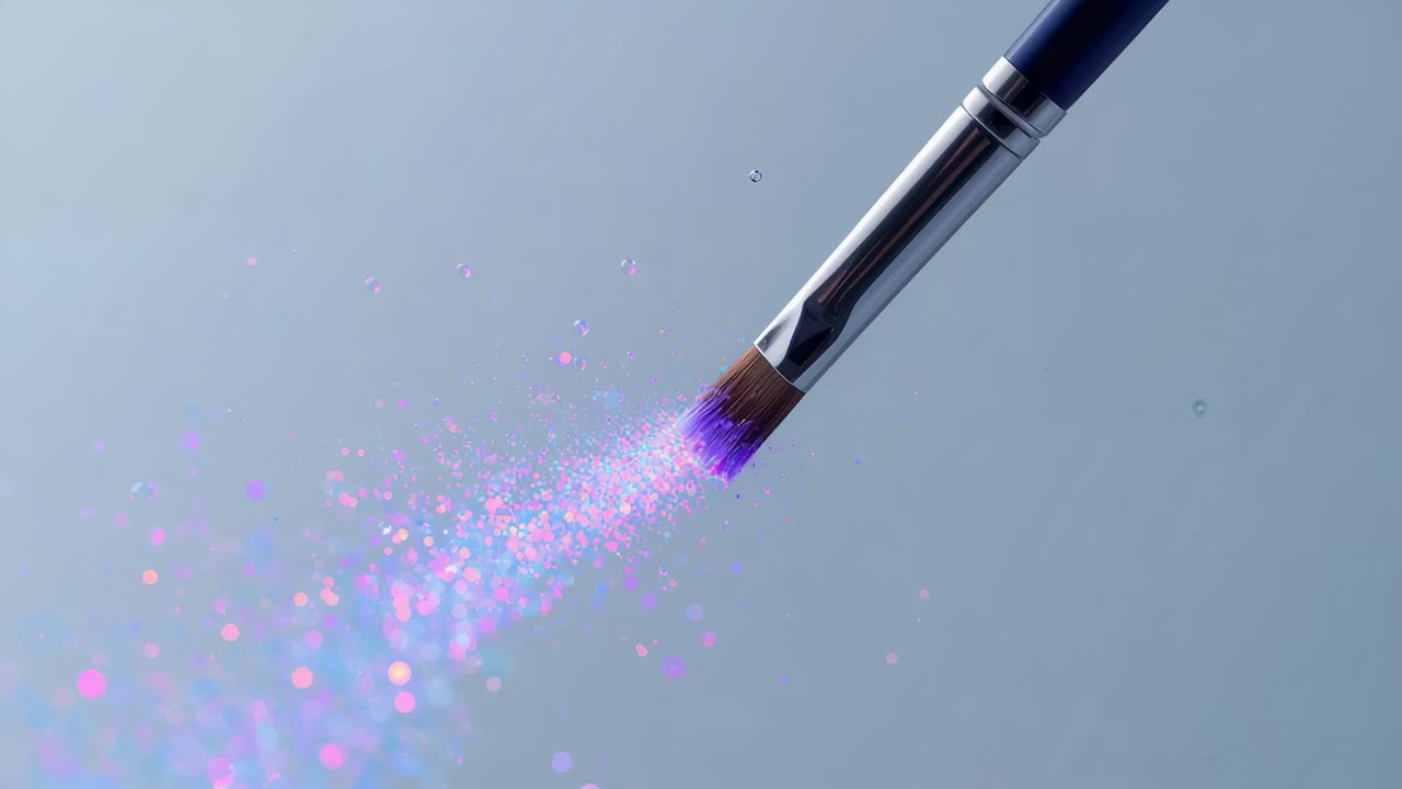 Releasing saturated blue brush shedding pink pigment and drops across gray backdrop, copy space