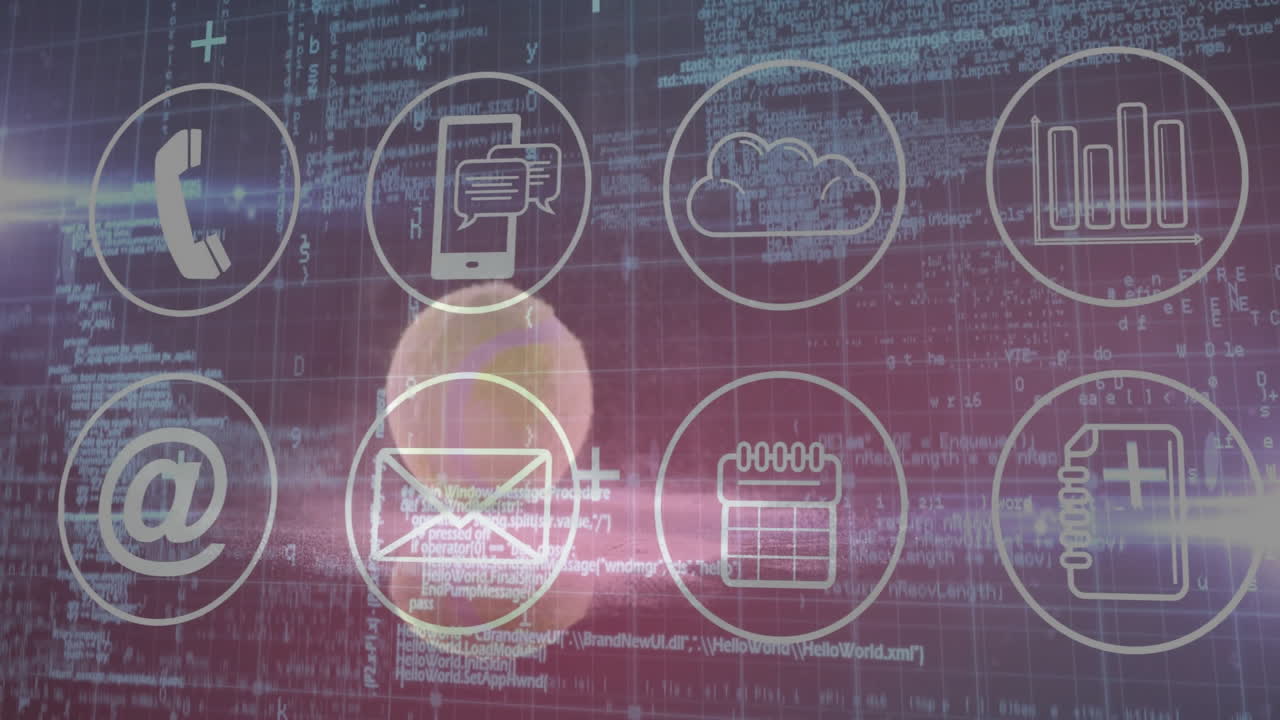 Eight circular tech icons being arranged in grid over purple code background with lens flares