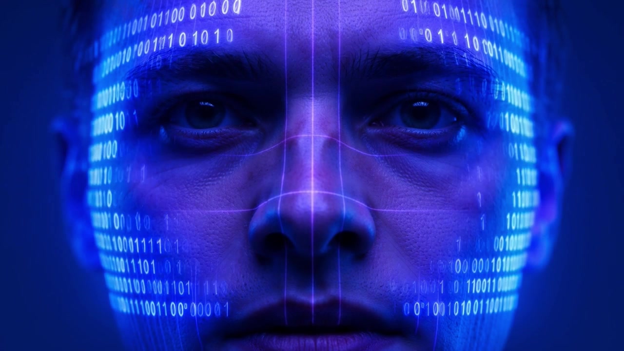 Scansione biometrica futuristica del volto di un uomo con dati binari