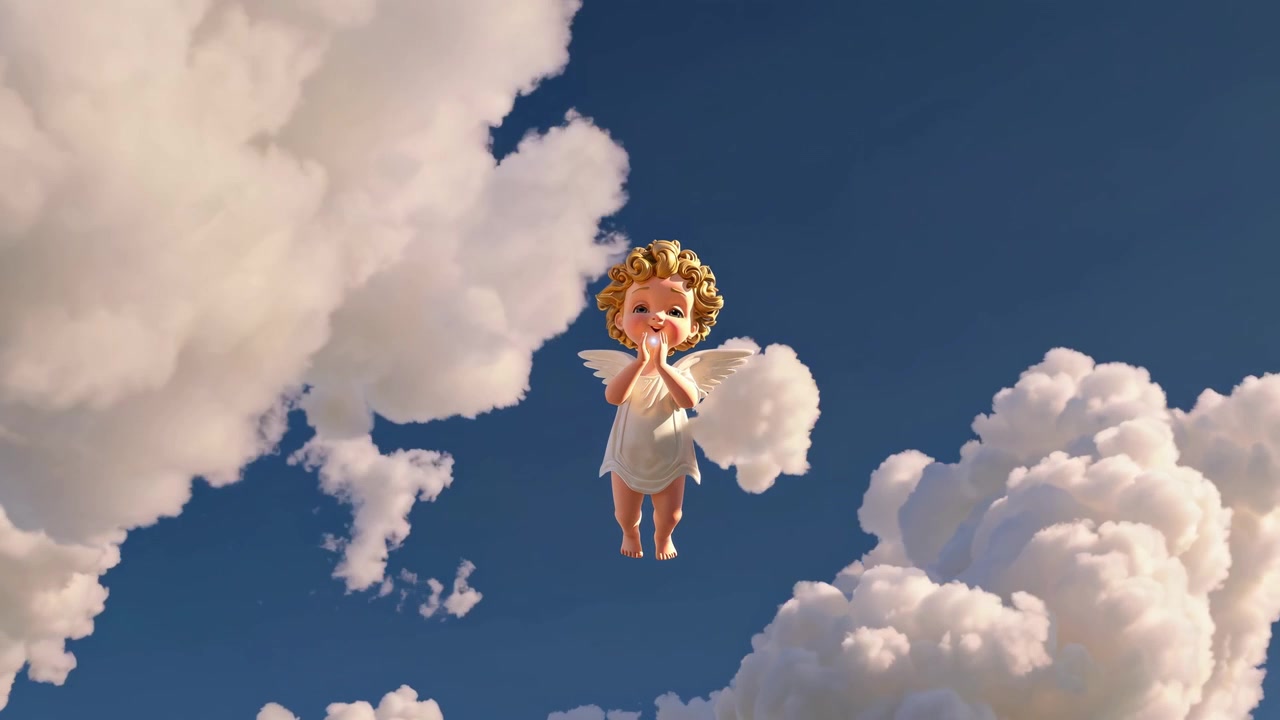 Cherubino animato in preghiera in un cielo blu sereno con nuvole bianche