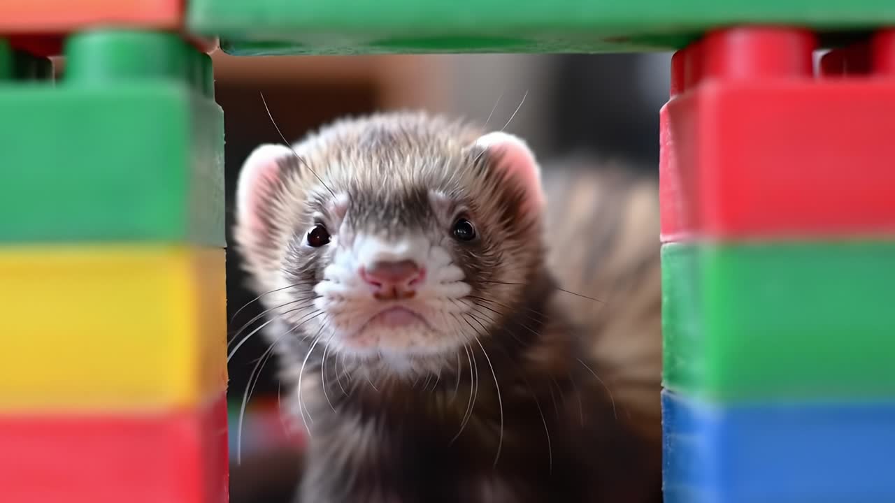 Adorable Ferret Playing with Colorful Building Blocks in a Fun and Curious Exploration, Highlighting Its Playful Nature and Affectionate Behavior