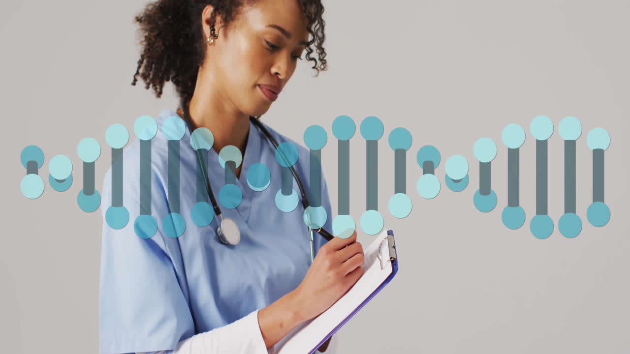 Writing on clipboard, nurse with DNA strand animation over gray background