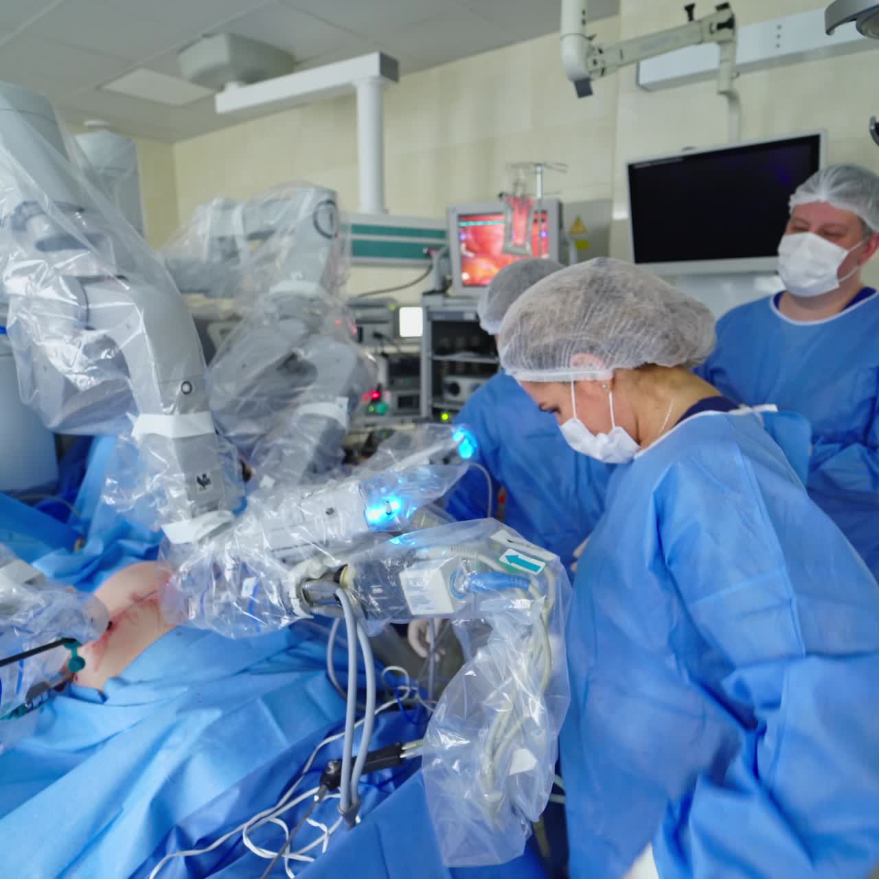 Modern surgical system. Medical robot. Minimally invasive robotic surgery. Da Vinci Surgery