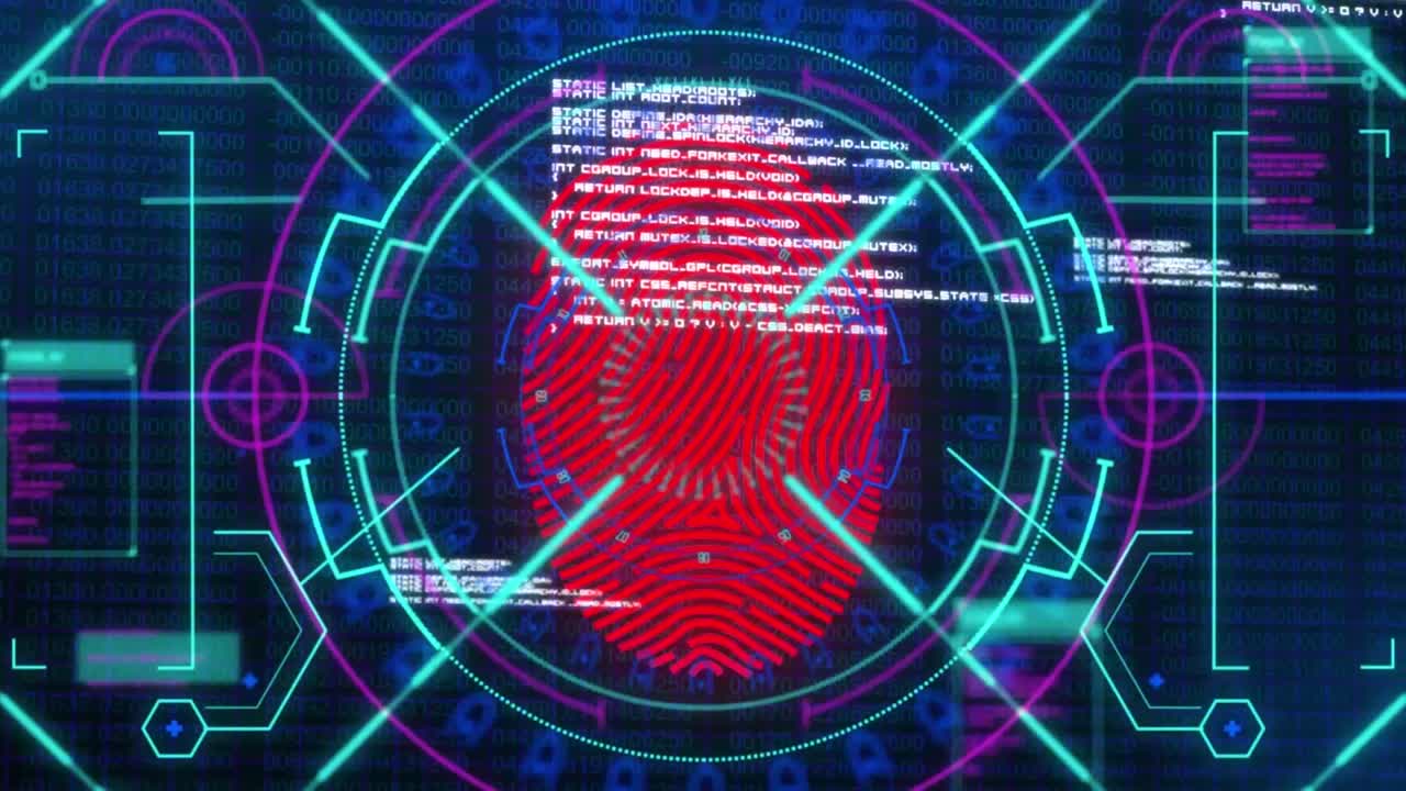 animación del escaneo de huellas dactilares sobre el procesamiento de datos en el espacio digital
