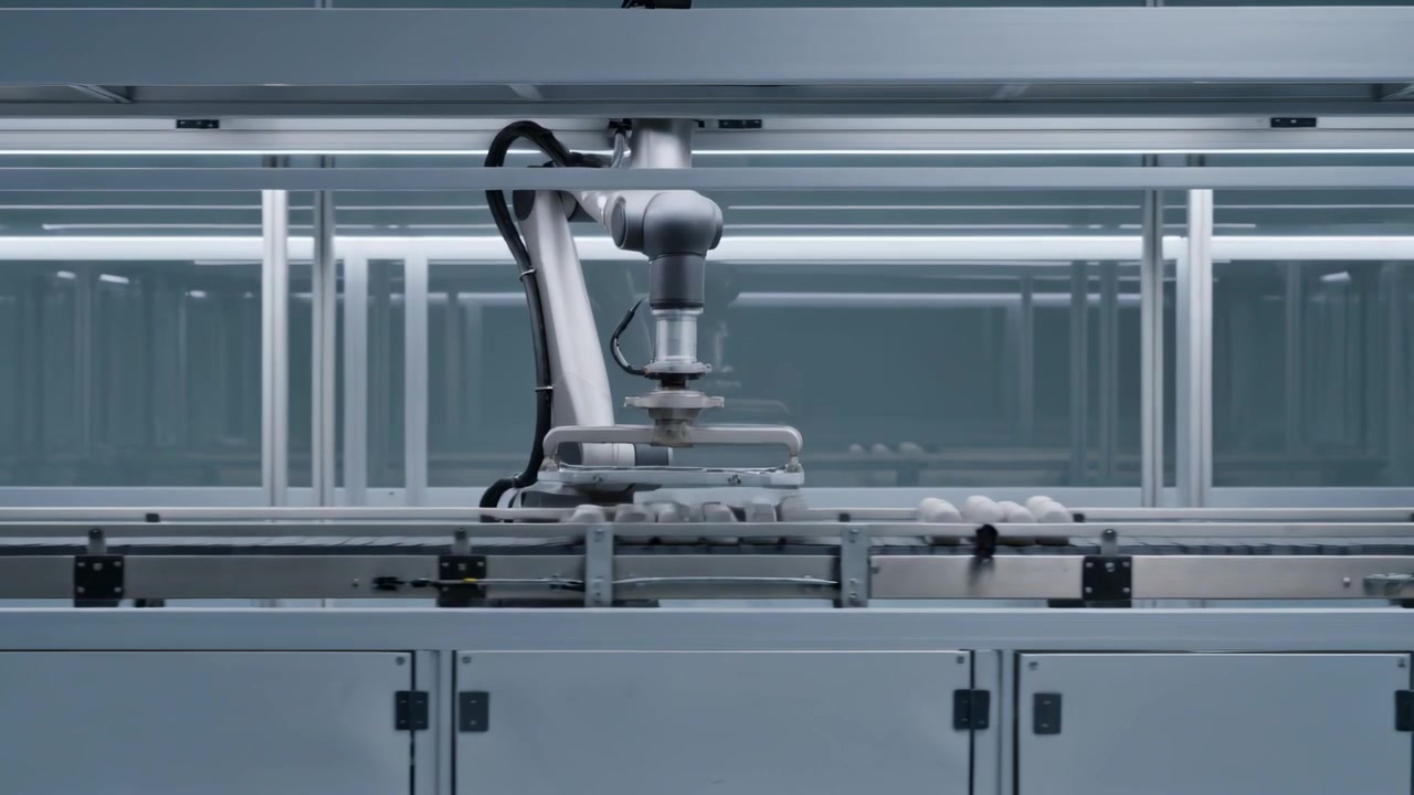 Belt advancing, robotic arm lowering suction gripper, picking white spheres for packaging bay