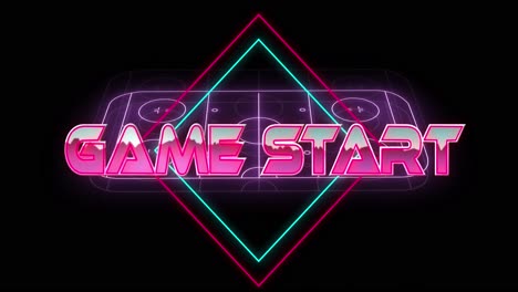 animation of game start text over neon sports stadium