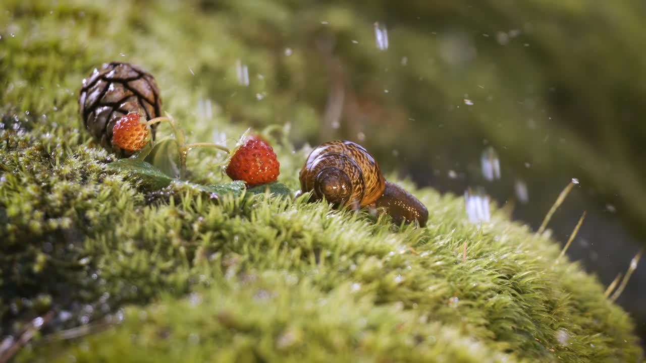 Close-up wildlife of a and wild strawberries and snail in heavy rain in the forest. Shot on super slow motion camera 1000 fps.