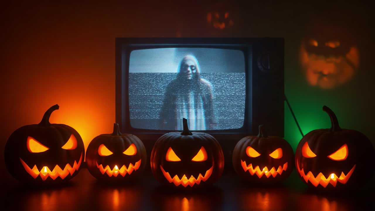 Chilling Halloween Vibes: Classic Pumpkins and Eerie TV Presence Create a Spooky Atmosphere Perfect for Celebrating the Halloween Season