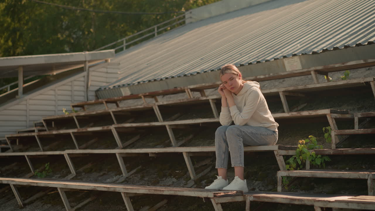 캐주얼한 후디와 청바지를 입은 사려 깊은 여성은 시골 스타디움의 관중석에 앉아, 에 손을 고, 조용한 야외 환경에서 울창한 초록색으로 둘러싸여, 깊은 성찰에 빠져 있습니다.
