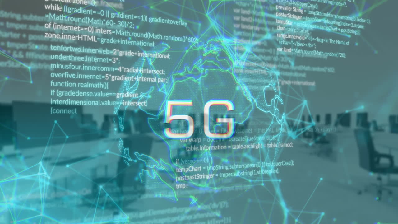 animación de texto 5g sobre el globo, lenguaje de computadora y puntos conectados sobre una oficina vacía