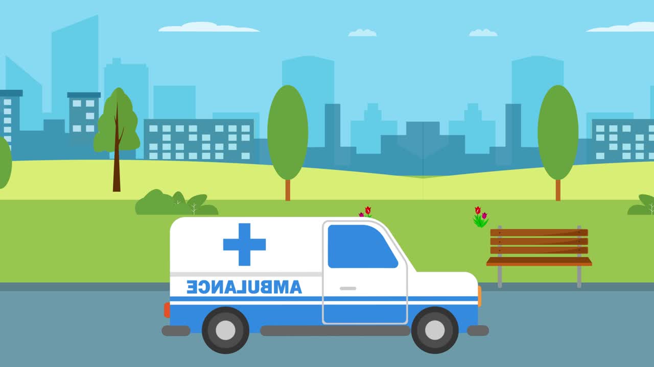 도시 공원 배경으로 움직이는 구급차