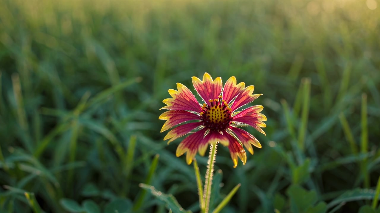 Single Gaillardia Flower Blooming in a Grassy Field at Sunrise