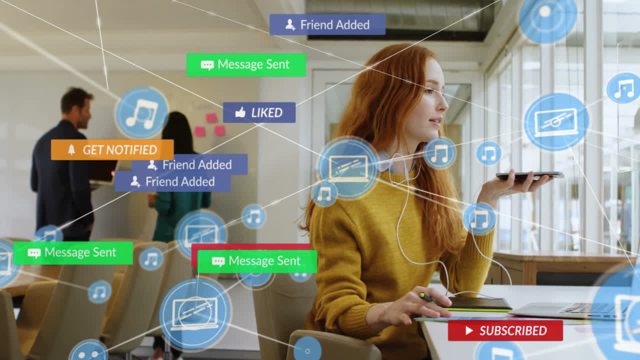Animation of network of connections with text and cons over caucasian businesswoman using smartphone