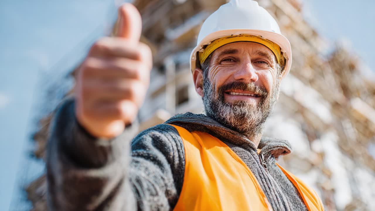 A Construction Worker Smiling and Giving a Thumbs-Up in Front of a Building Under Construction, Portraying Pride and Professionalism in the Industry