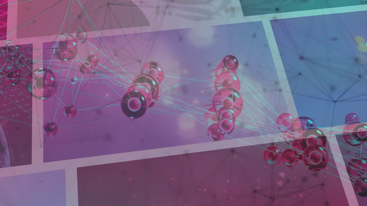 animación de la estructura molecular y las conexiones de red sobre un fondo abstracto púrpura y azul