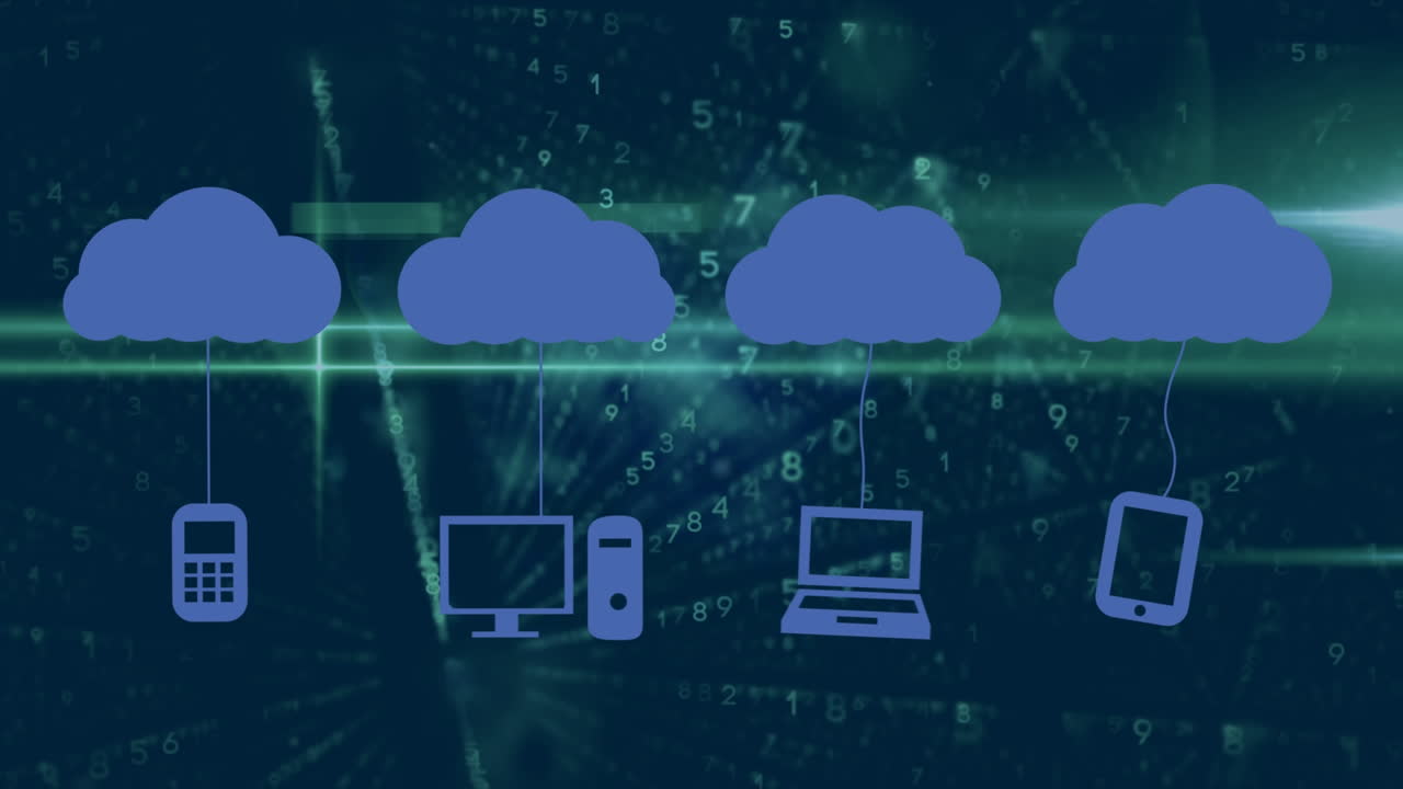 Animation of cloud icons and data processing over dark background