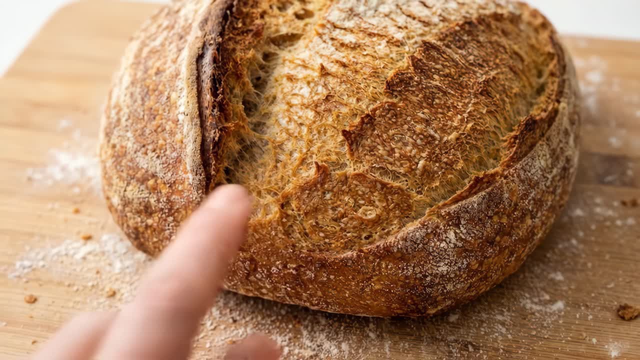 Hand Pressing Freshly Baked Sourdough Bread Crust on Wooden Board