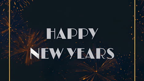 cinemagraph of happy new years text in retro white text over golden fireworks exploding on black