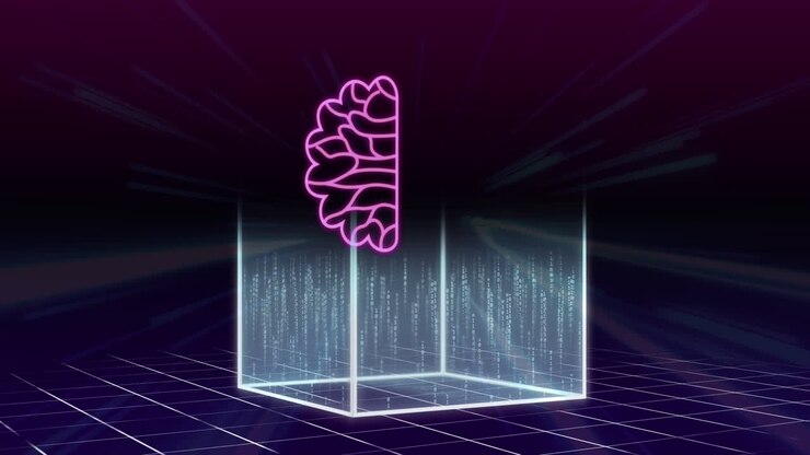 Animation of ai data processing and icons over cube and dark background