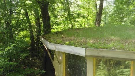 close shot of small clay house with grass roof build in forest, summertime, bulgaria