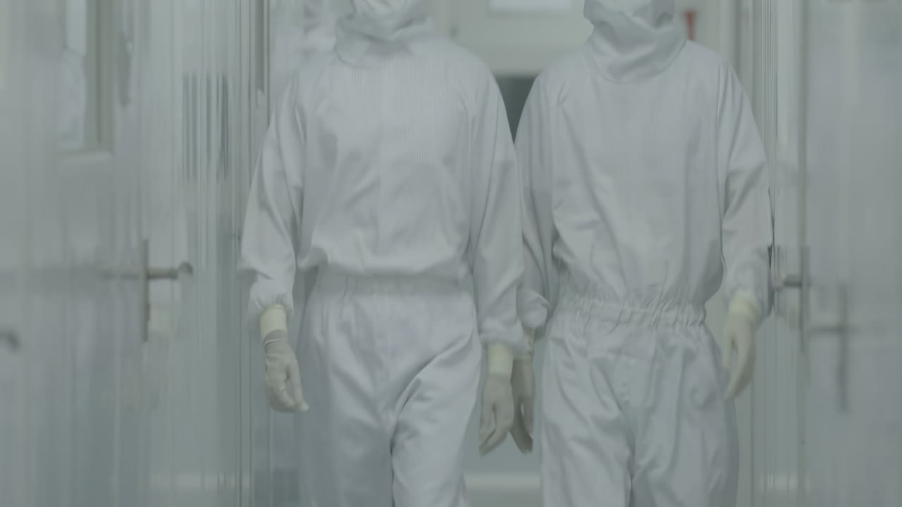 Scientists or researchers equipped with protective suits, face masks, shoe covers and safety goggles, walking in laboratory sterile corridor, exuding a sense of safety and caution.