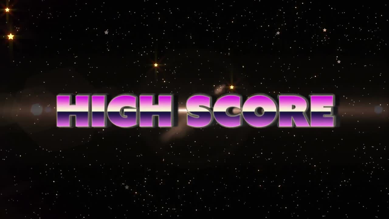 animación del texto de la puntuación alta en letras metálicas rosadas sobre estrellas y reflectores amarillos brillantes