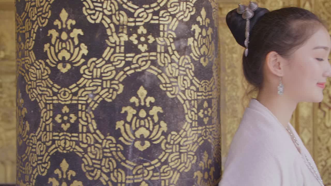 Girl In Lao Traditional Costume Smiling In Temple, Slow Motion