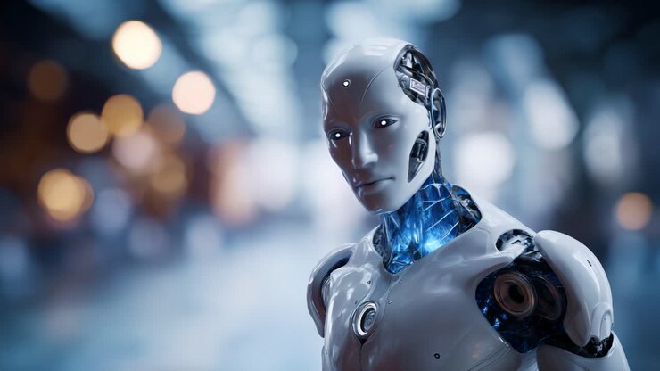 Robot umanoide futuristico che mostra tecnologia avanzata, con elementi meccanici ed elementi luminosi, ambientato su uno sfondo dal design moderno leggermente sfocato