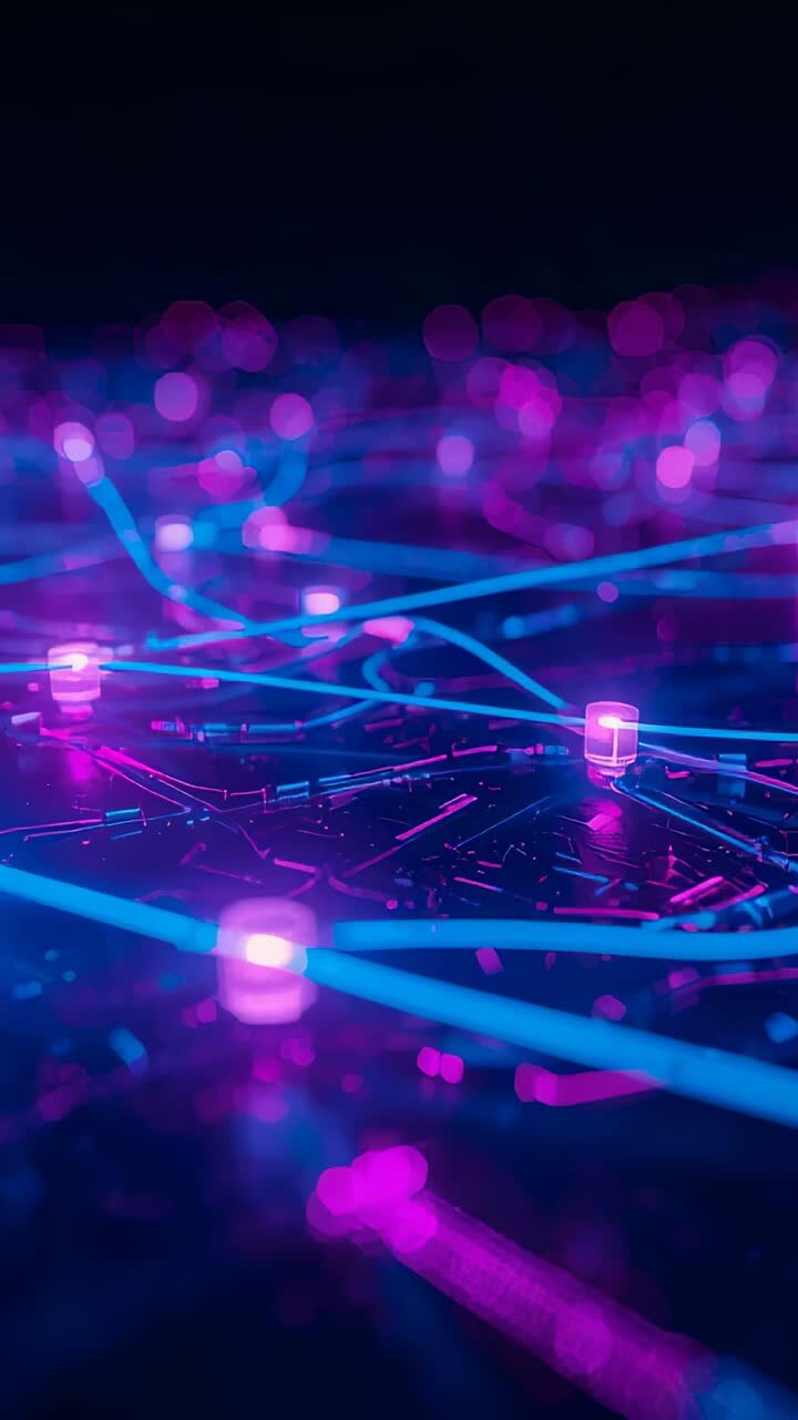 Vertical video: Focusing camera drifting, revealing pulsing blue traces and magenta nodes on board