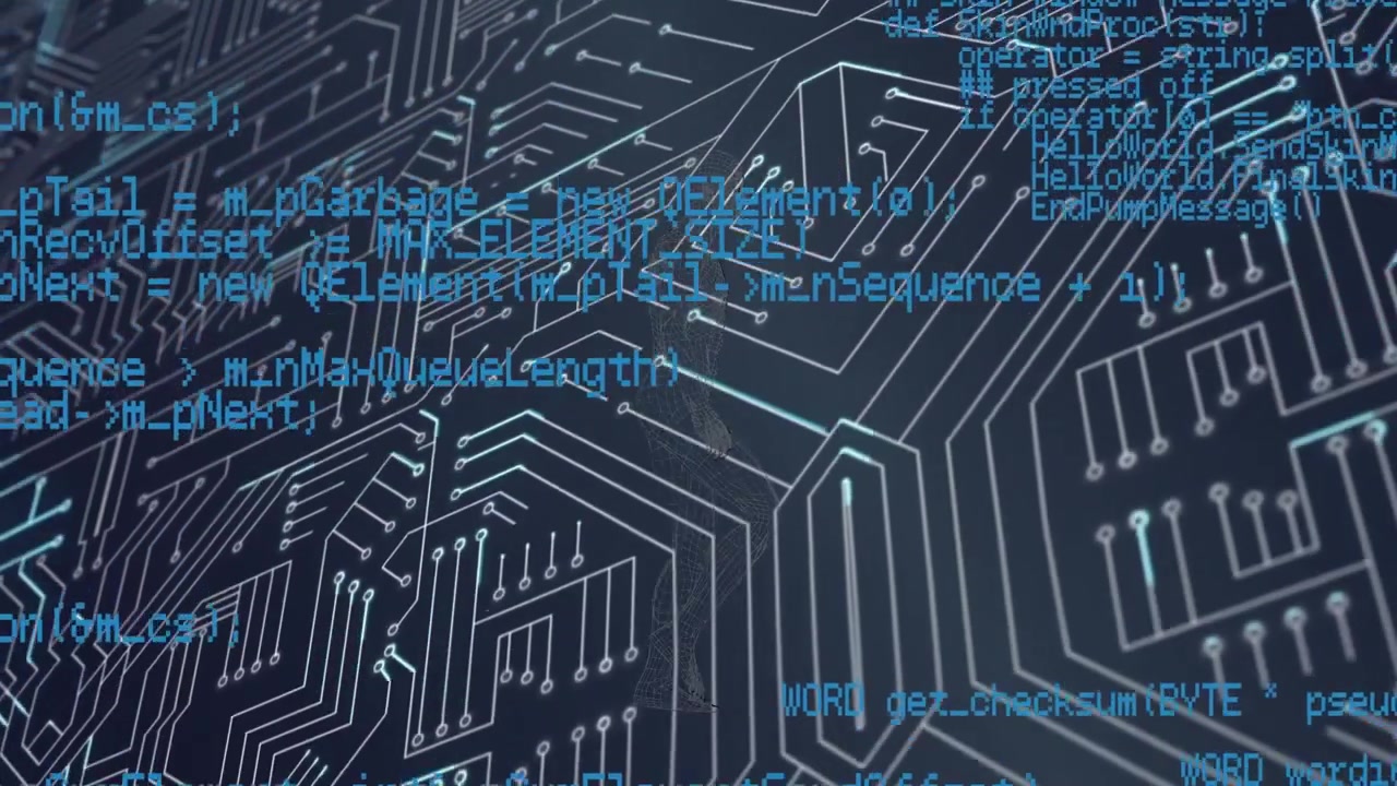 Animation of data processing over computer circuit board on black background