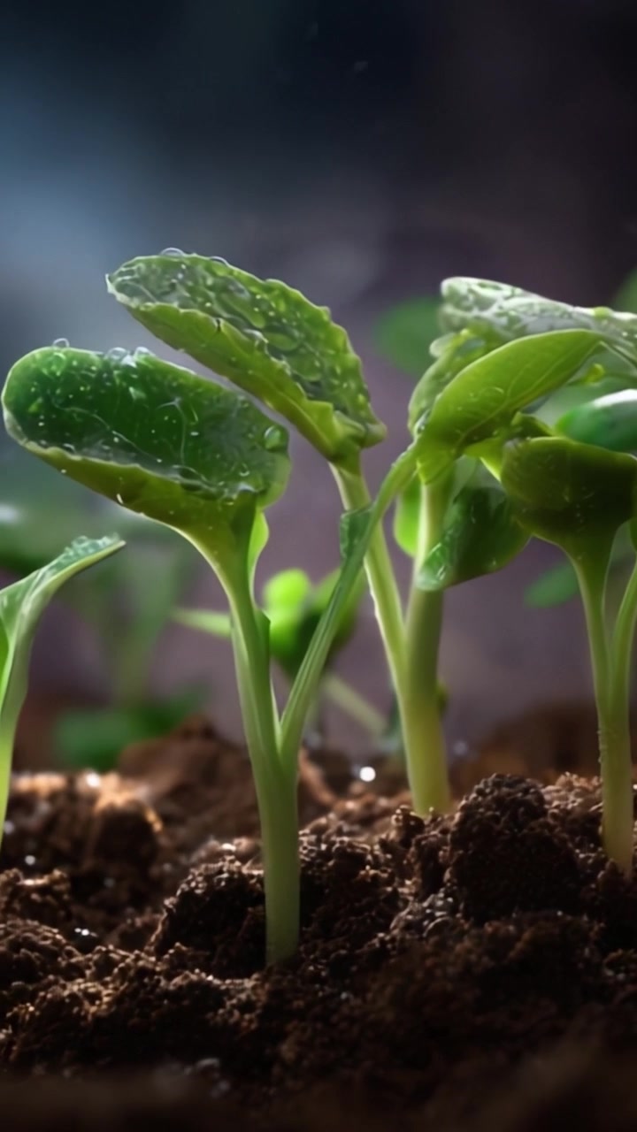 Crescita ispiratrice: un primo piano di giovani piantine verdi fresche che emergono da un terreno ricco, bagnate da una luce soffusa, a significare la resilienza e il rinnovamento della natura