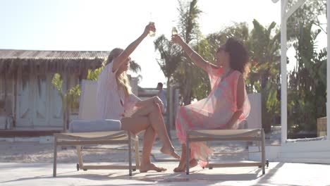 felices amigas diversas bebiendo cerveza y hablando con gafas de sol en la casa de la playa