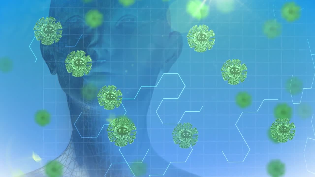 animación de células macro covid-19 flotando sobre un modelo de cuerpo humano en 3d con fondo azul