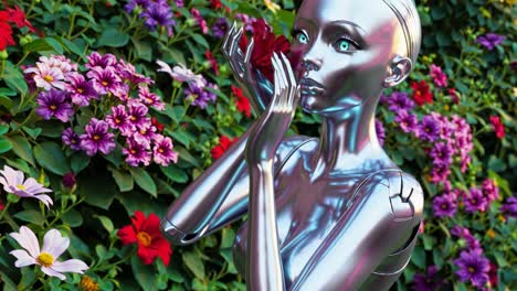 robot woman in a garden