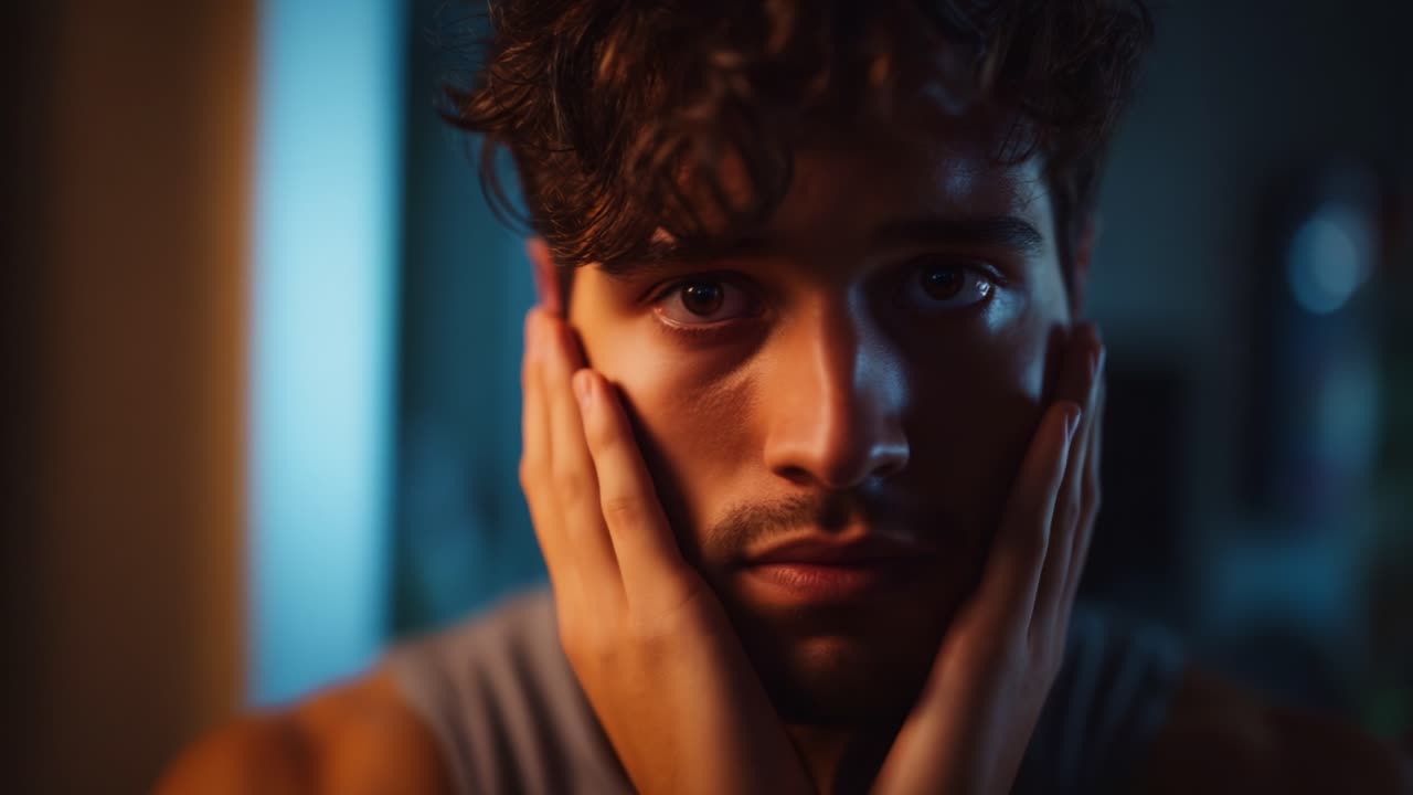 An Emotional Journey: A Young Man's Expressions of Concern and Vulnerability Captured in Two Frames Reflecting Inner Thoughts and Feelings in a Dimly Lit Setting