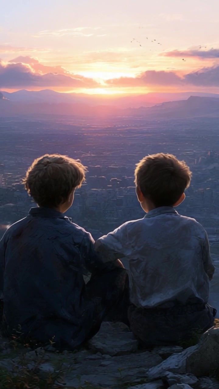 二人の友人が都市の景観に沈む息をのむような夕日を楽しみ、穏やかな熟考の瞬間に自然の美しさと友情の力を捉えています