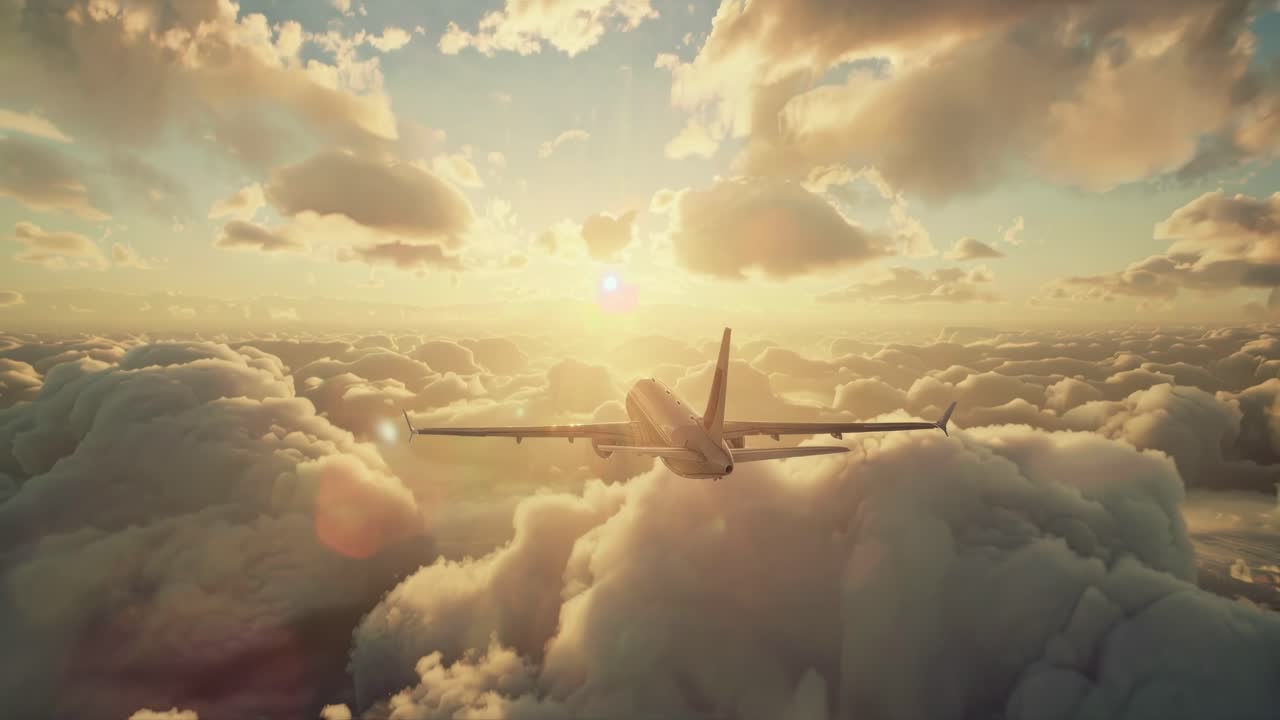 Rekaman video udara dari sebuah pesawat yang melayang melalui langit matahari terbenam yang cerah, dikelilingi oleh awan-awan lembut