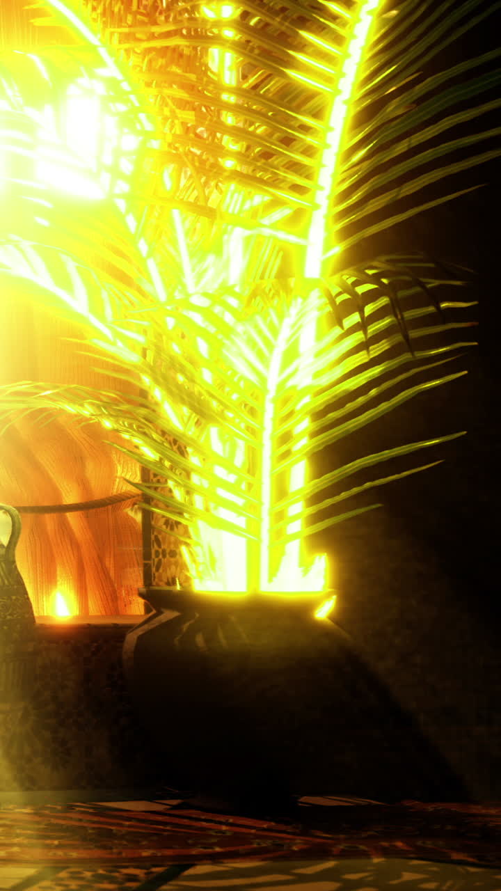 Luz dourada ilumina uma planta ao lado de um vaso em um ambiente acolhedor.