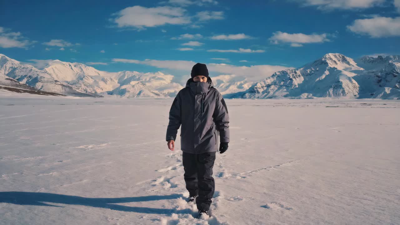 Person Walking in a Snowy Mountain Landscape
