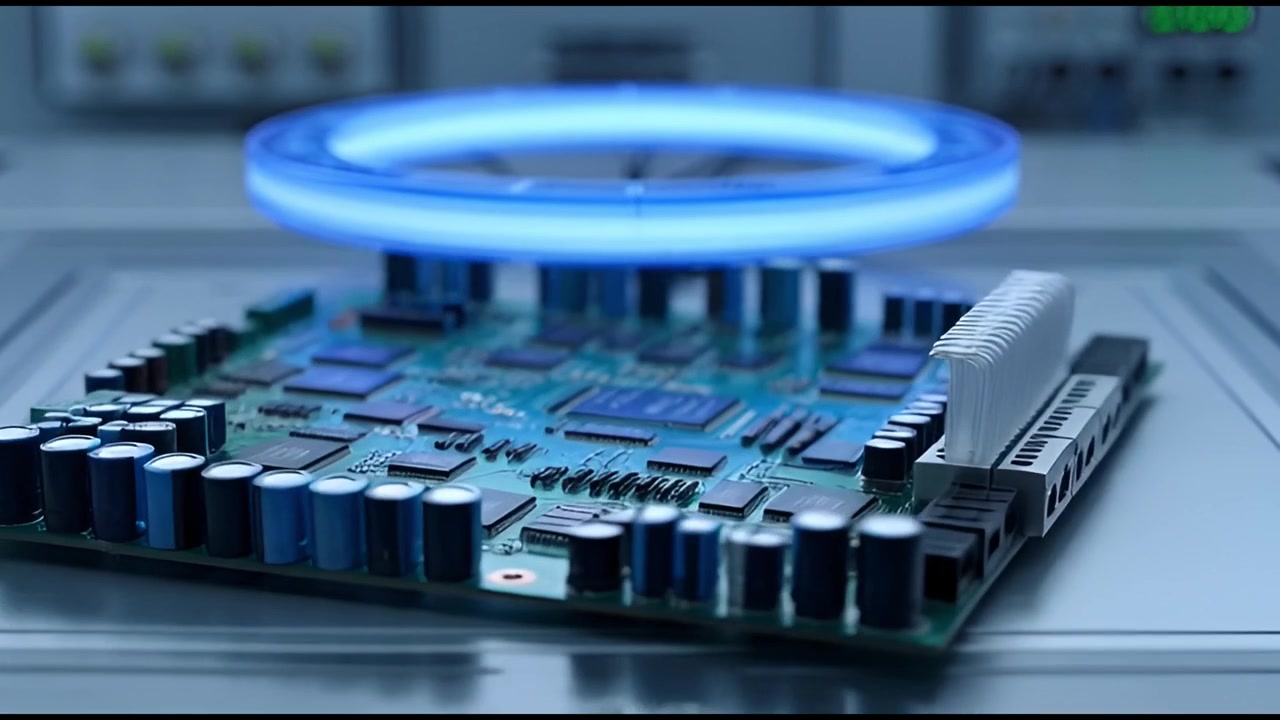 Futuristic Circuit Board with Glowing Blue Light Connection