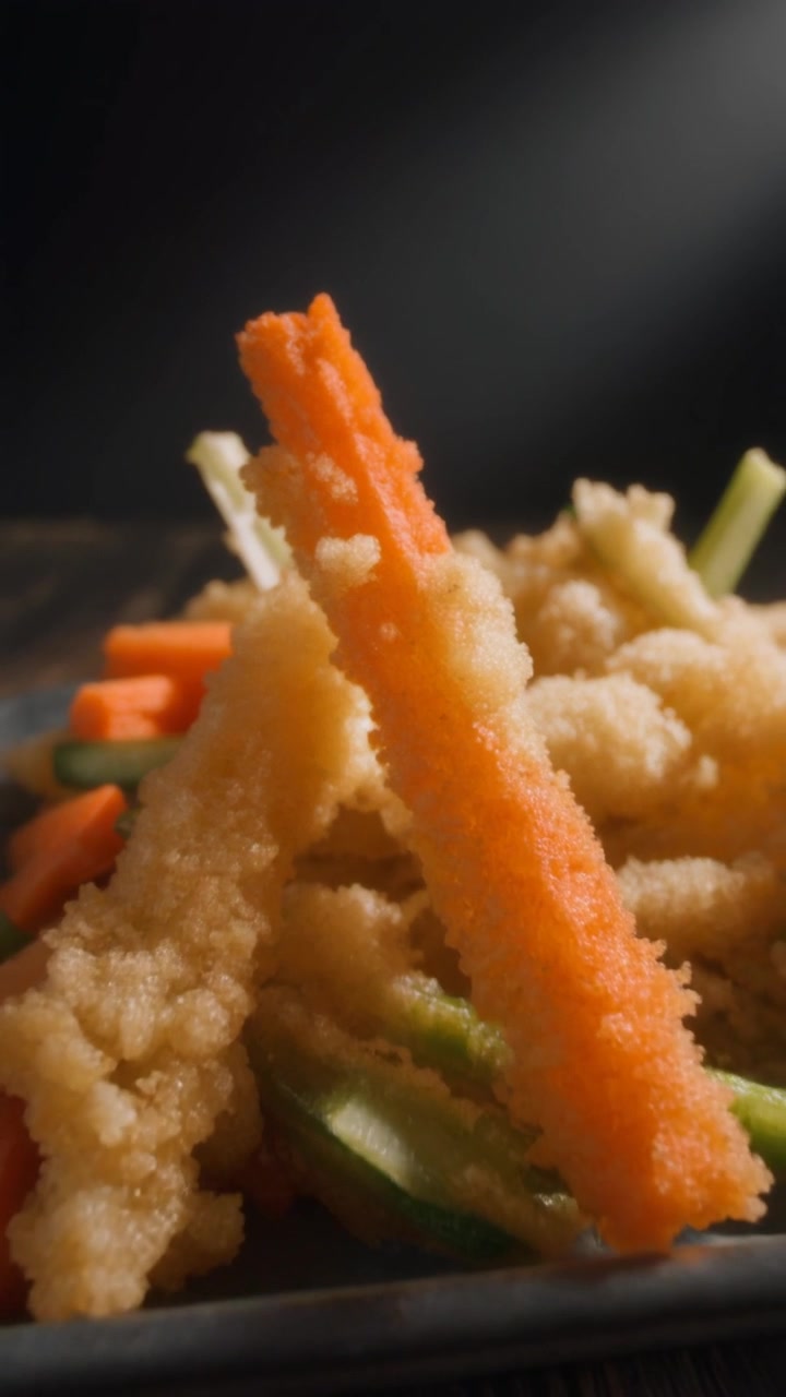 Close-up de Tempura de Vegetais Crocante em um Prato Escuro