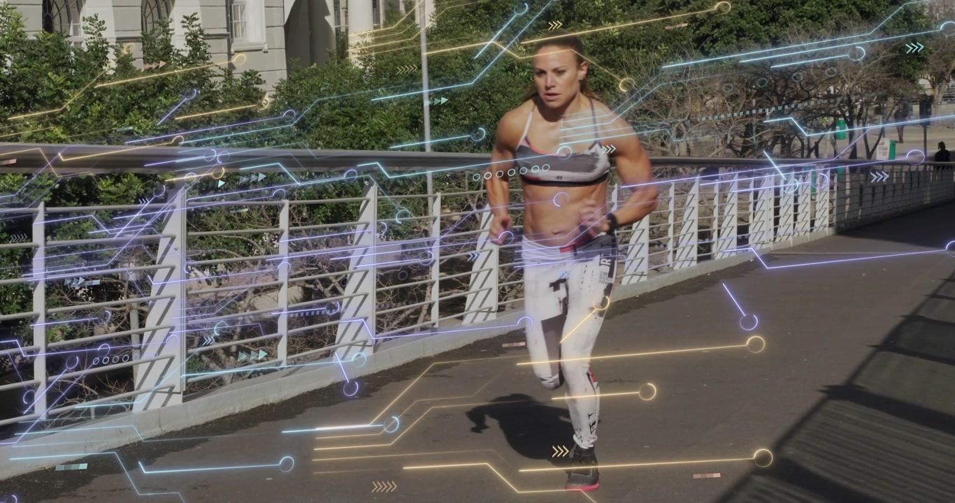 female runner entering frame jogging along path activating circuit overlays tracking fitness data