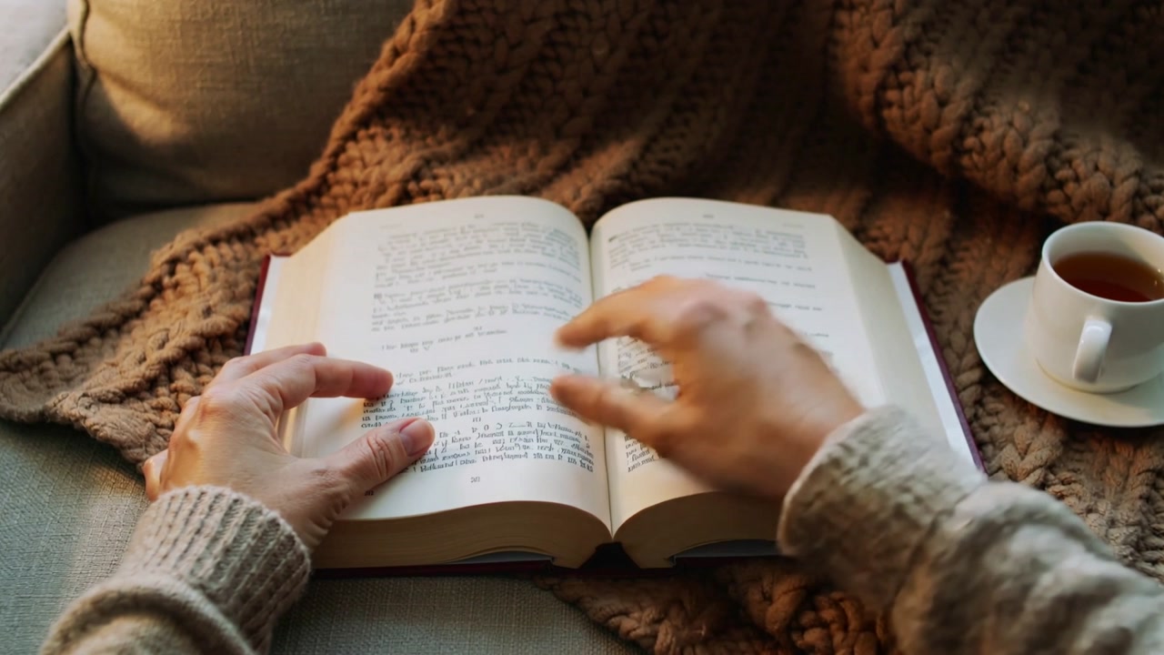 Lifting right hand turning hardcover book pages, continuing reading on couch, knit sweater, tea