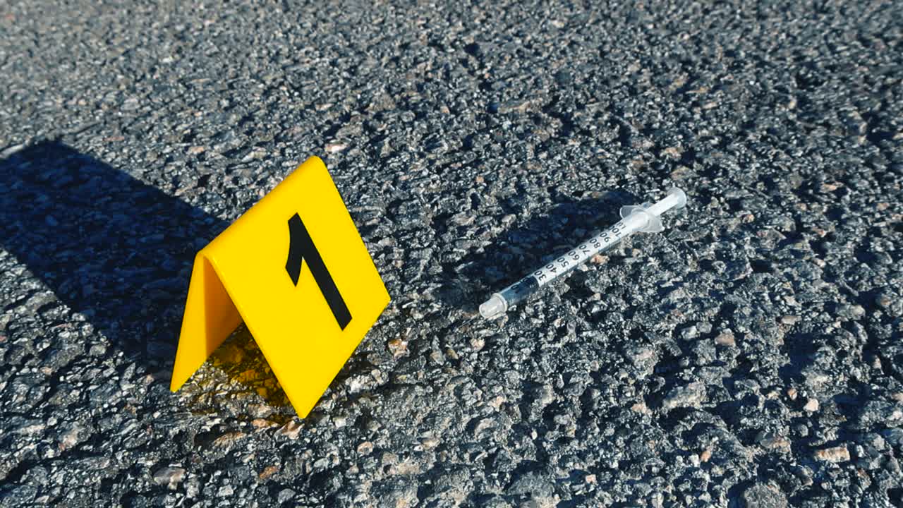 Yellow forensic marker with the number one and a discarded syringe laying on the pavement. The evidence suggests a possible drug overdose, junkie crime scene, or illicit narcotic activity