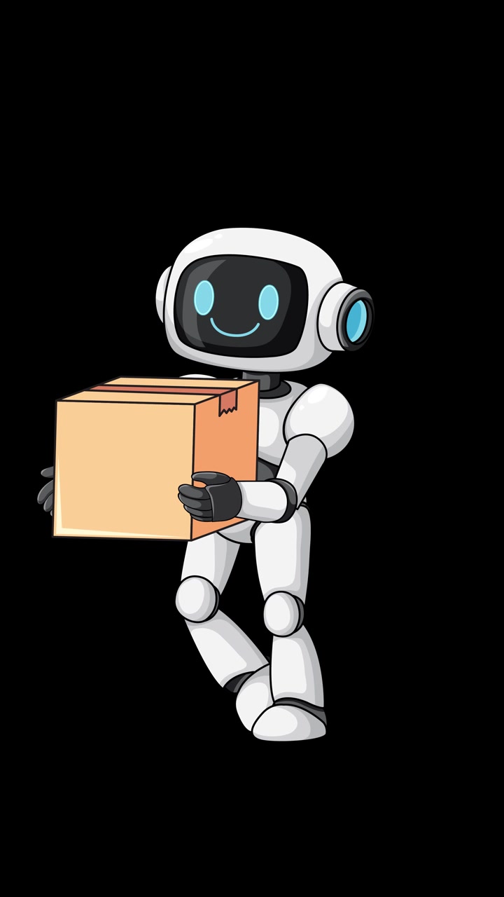 Robot animato avanza tenendo una scatola di cartone, movimento fluido, orientamento verticale, sfondo nero