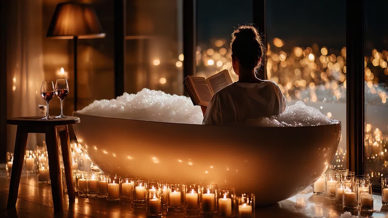 A Tranquil Evening: A Cozy Bath with Bubbles, Soft Candlelight, and a Good Book, Perfectly Designed for Relaxation and Serenity in a Luxurious Setting