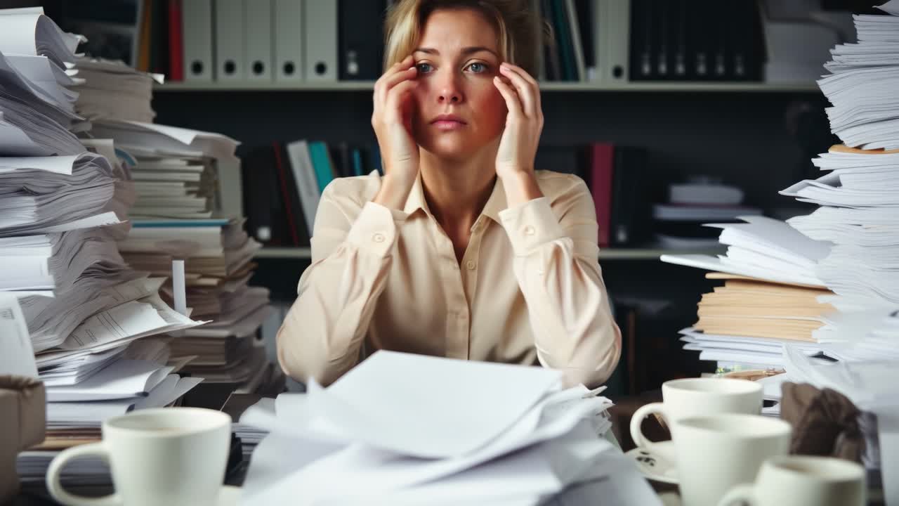 Overhead shot of a stressed woman at a cluttered desk, surrounded by piles of papers and coffee
